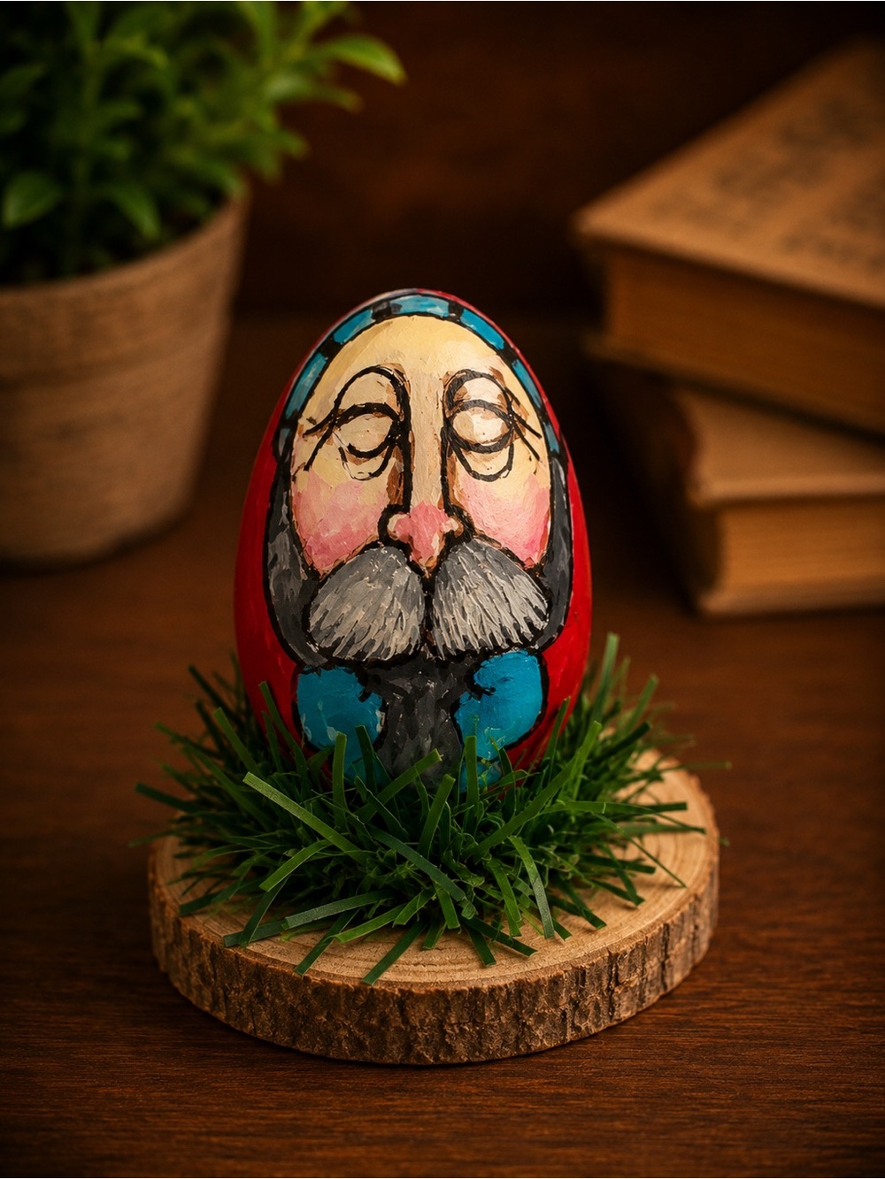 Hand-Painted Red & Blue Wooden Egg Ornament - Artisan Home Art